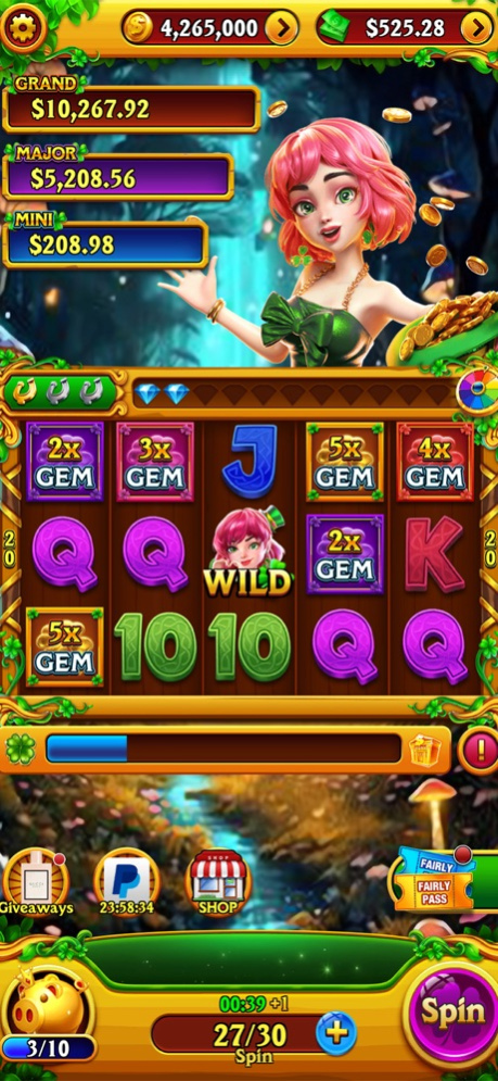 Skjermdump fra en Lucky Spins-automat som viser spillet 'Forest Lady' og den karakteristiske 'Lucky Spin'-hjul-funksjonen.