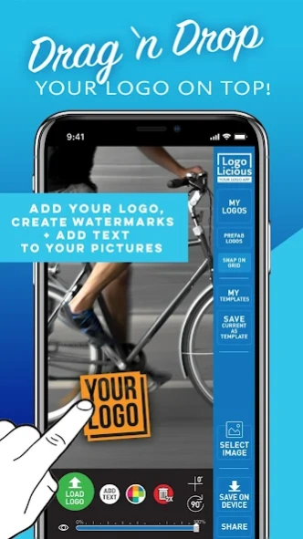 Главный экран LogoLicious с панелью MY LOGOS / SNAP ON GRID / MY TEMPLATES