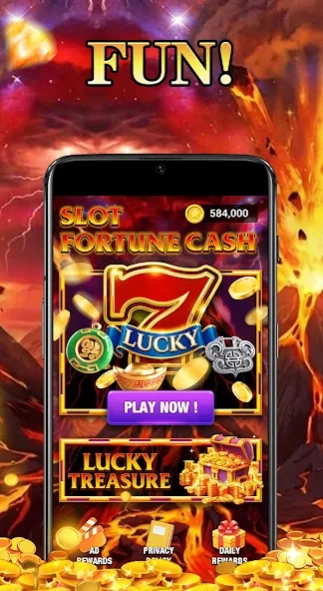 Interface détaillée du Lucky Treasure Slot montrant les rouleaux, les symboles et les commandes de mise.