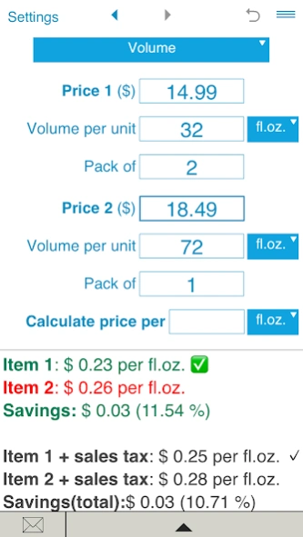 Unit Price Calculator Screenshot